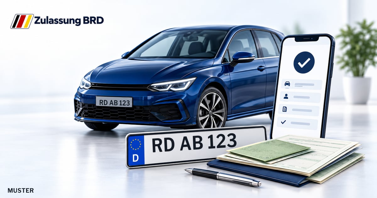 Online Fahrzeugzulassung in Büdelsdorf: Musterkennzeichen RD AB 123, Auto und Fahrzeugpapiere und Smartphone. Illustration mit Logo von Zulassung BRD.